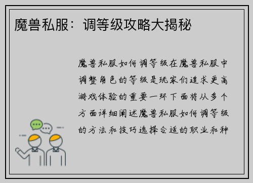 魔兽私服：调等级攻略大揭秘